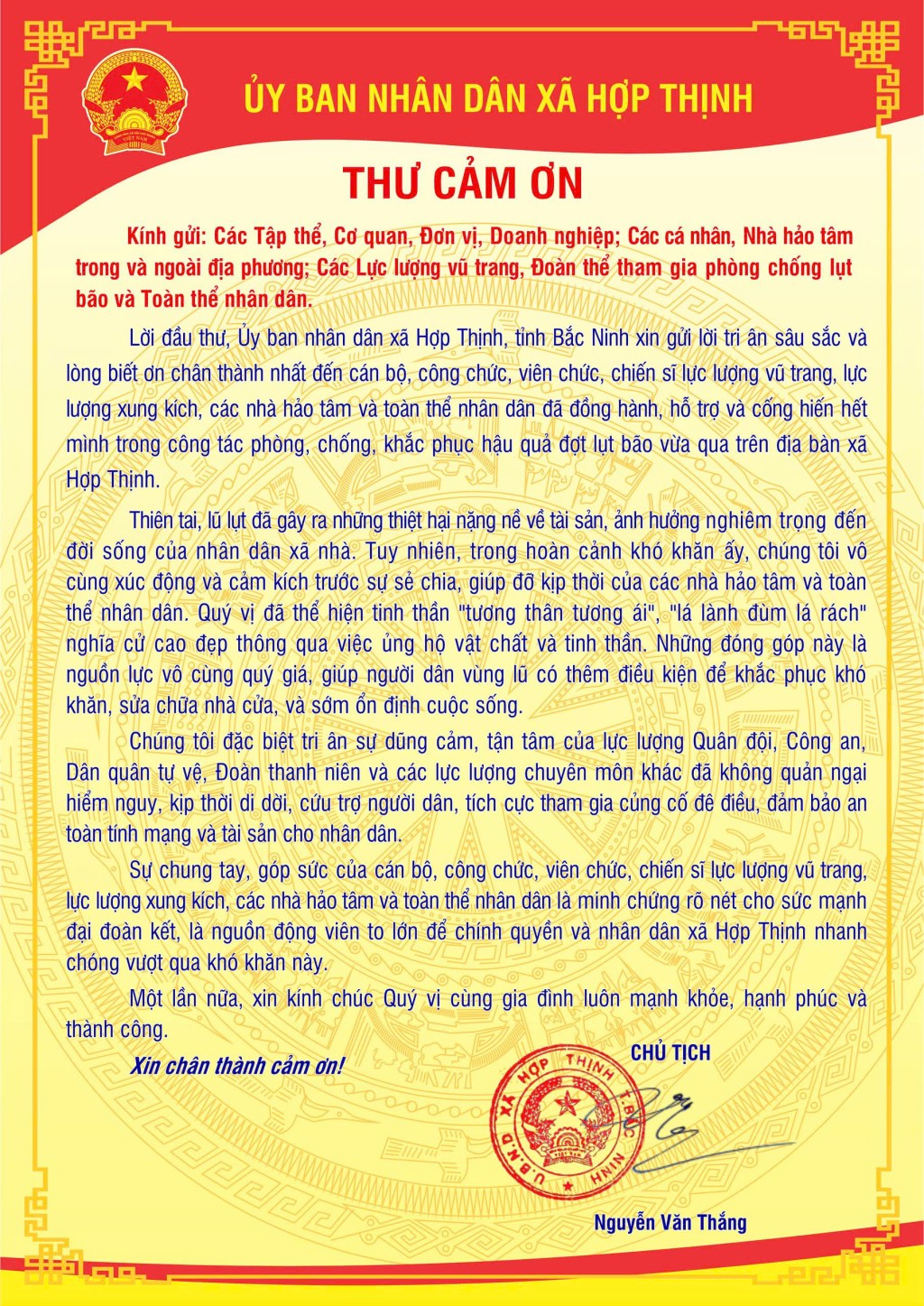 UBND xã Hợp Thịnh, tỉnh Bắc Ninh gửi lời tri ân trong công tác phòng, chống, khắc phục hậu quả do ảnh hưởng của hoàn lưu bão số 11 vừa&nbsp;qua