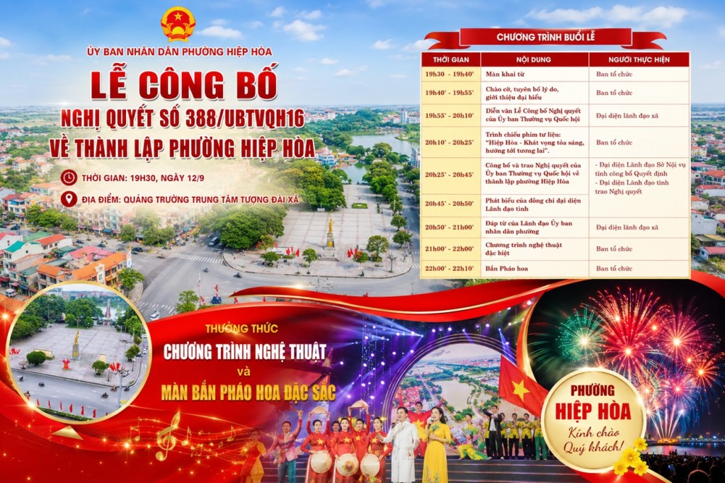 Nhiều hoạt động đặc sắc tại Lễ công bố Nghị quyết thành lập Phường Hiệp Hòa vào ngày&nbsp;12/9/2026